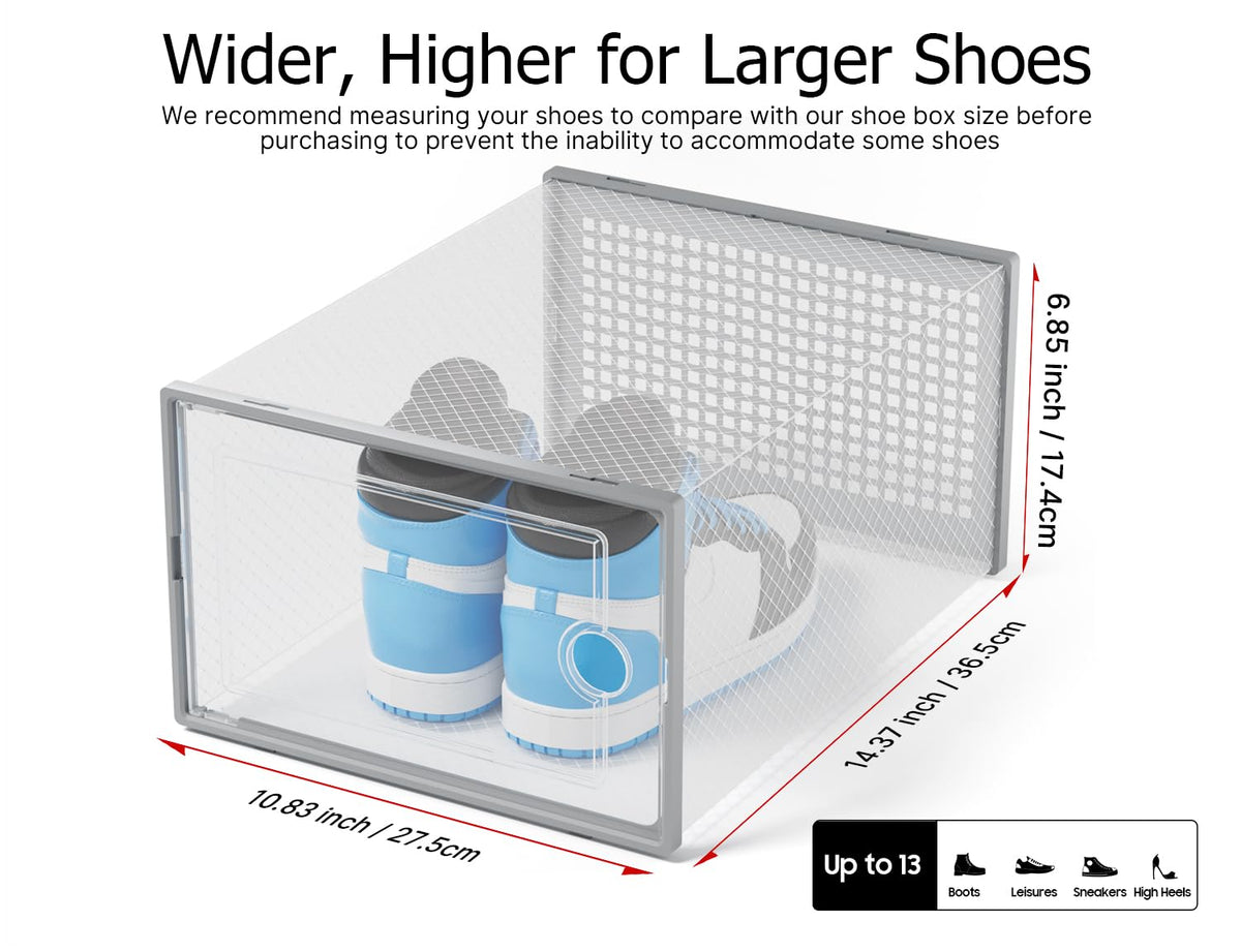XX-Large Stackable Shoe Boxes, 12 Pack, Gray, Fits Up to Size 13
