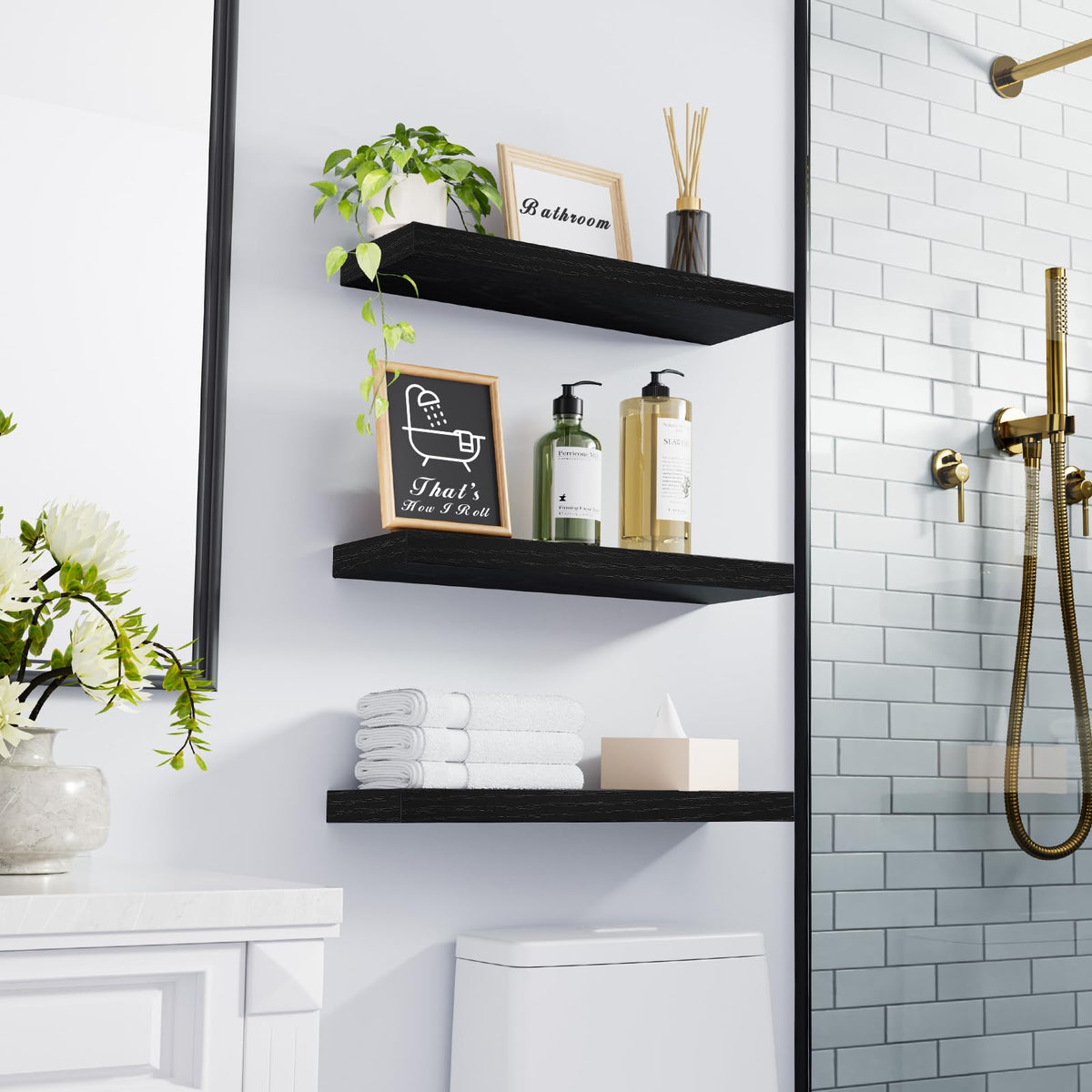 Rustic Wood Floating Shelves, Set of 3, 15.7 Inch Wall Mounted Shelves, Black