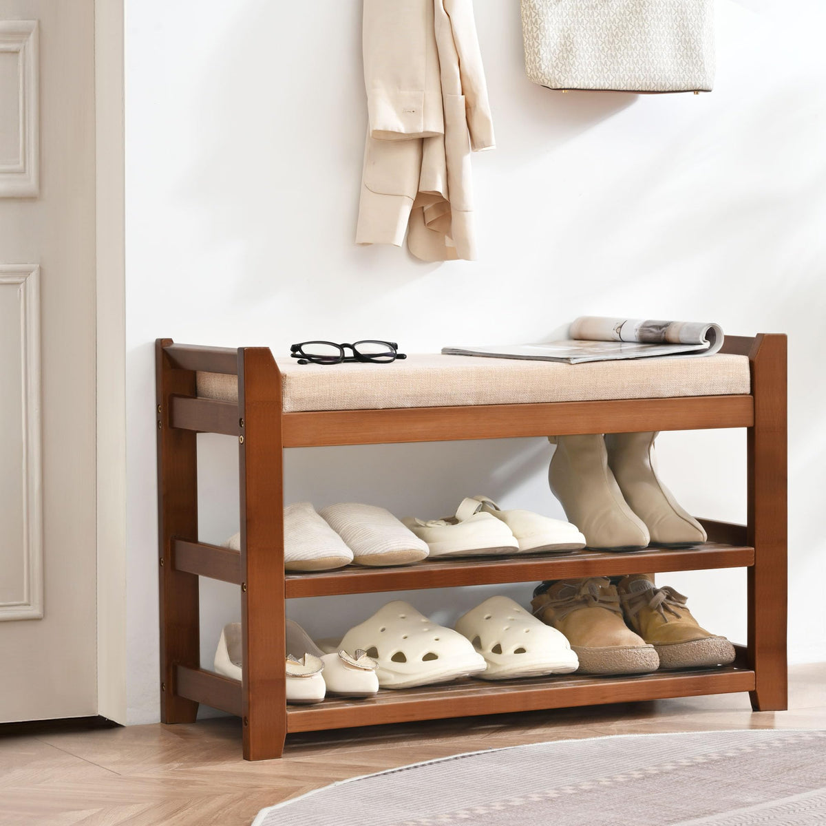 Cushioned Bamboo Shoe Bench, 28 Inch Entryway Seat with Shoe Shelf, Brown