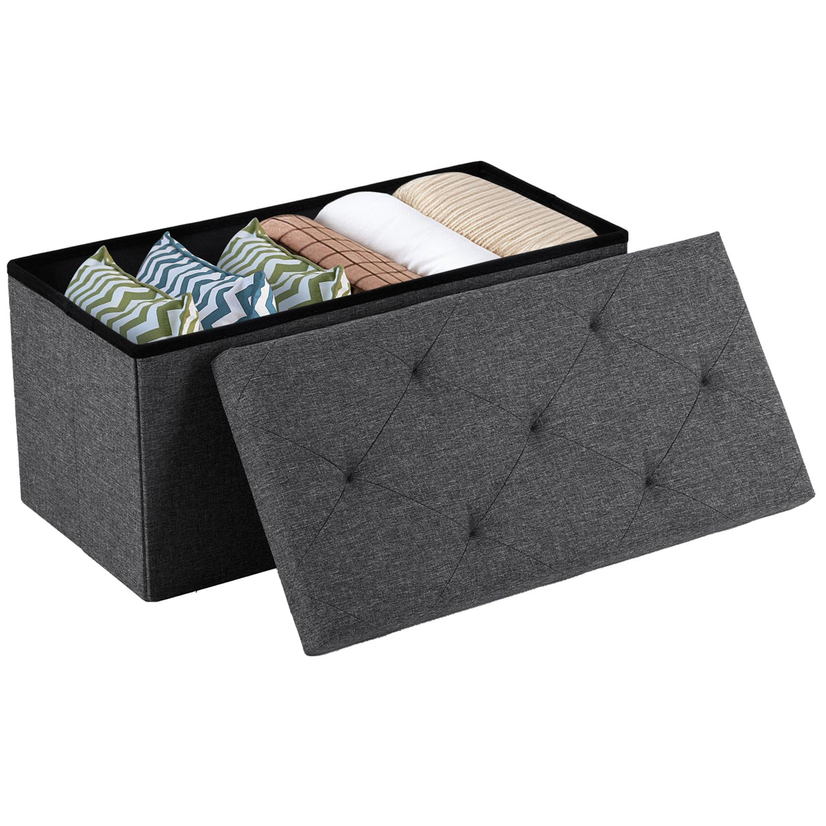 Linen Grey Storage Ottoman Bench, 30 Inch, Folding with Divider