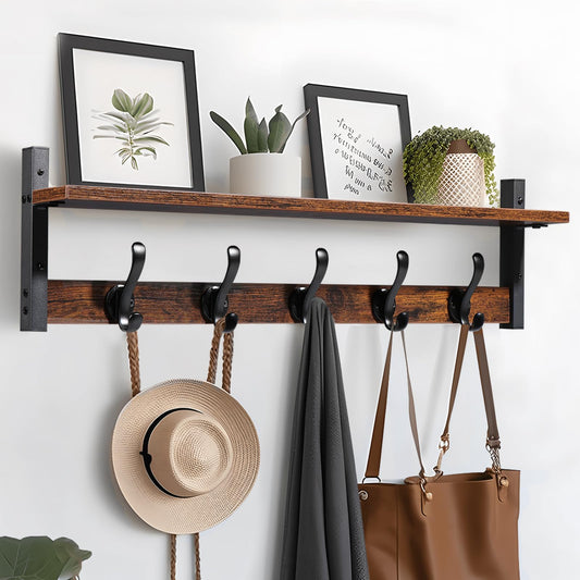 29 Inch Wall Shelf with Coat Hooks, Rustic Brown and Black Metal