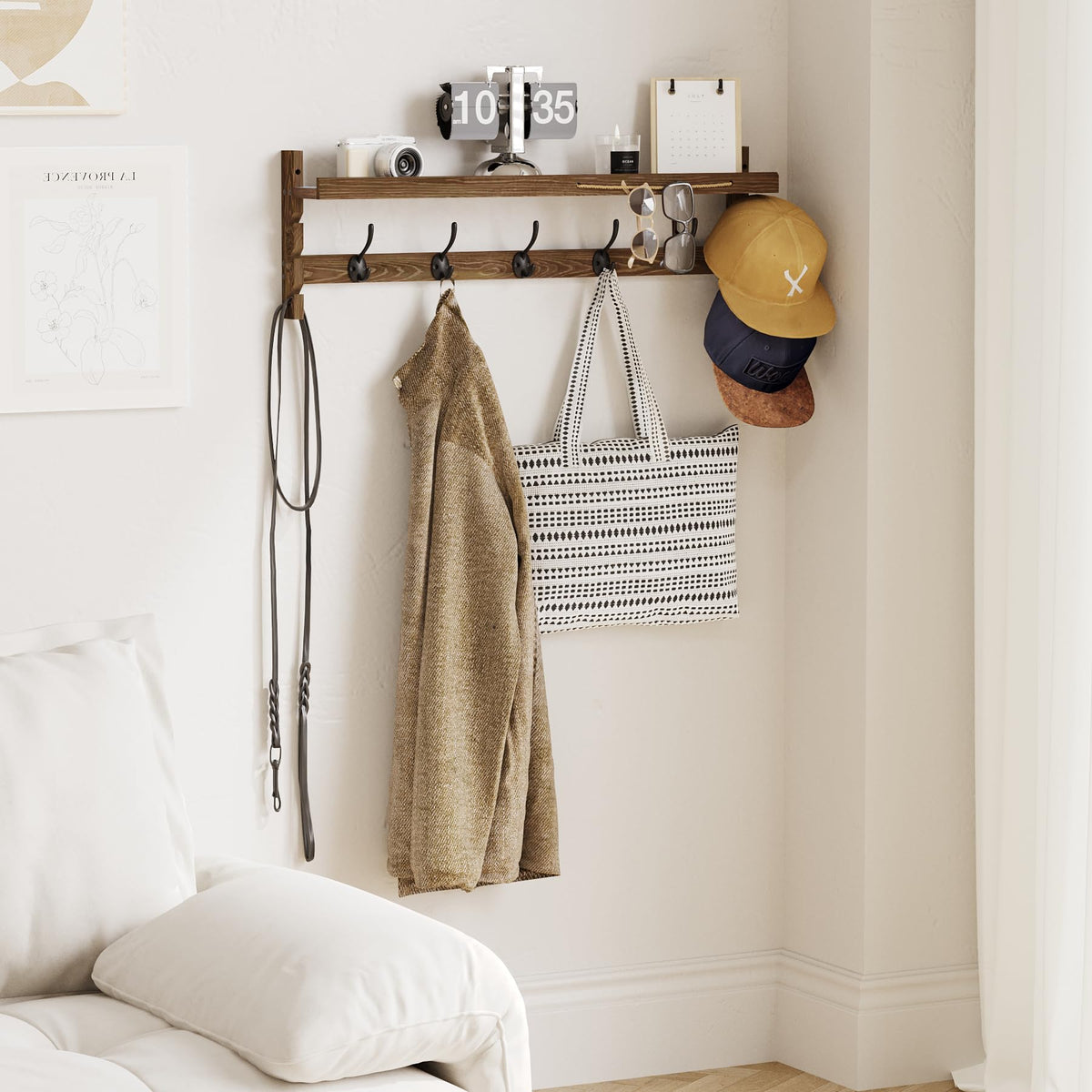 Wall Hooks with Shelf, 28.9 Inch, 5 Dual Hooks, Hat and Glasses Holder