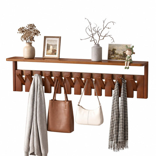 Walnut Wall Coat Rack with Top Shelf and 12 Flip-Down Hooks