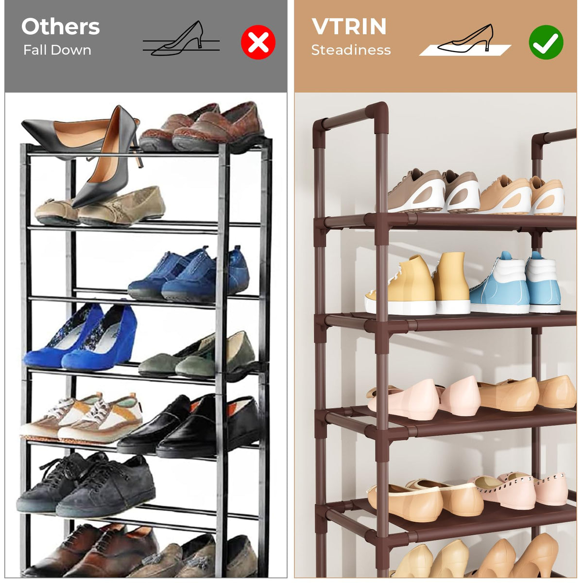 10 Tier Vertical Shoe Organizer, Brown, Holds 20-25 Pairs, 18 Hooks