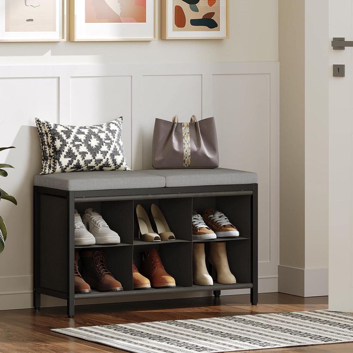 Metal Shoe Bench with 6 Fabric Cubbies and Padded Seat, Black and Gray
