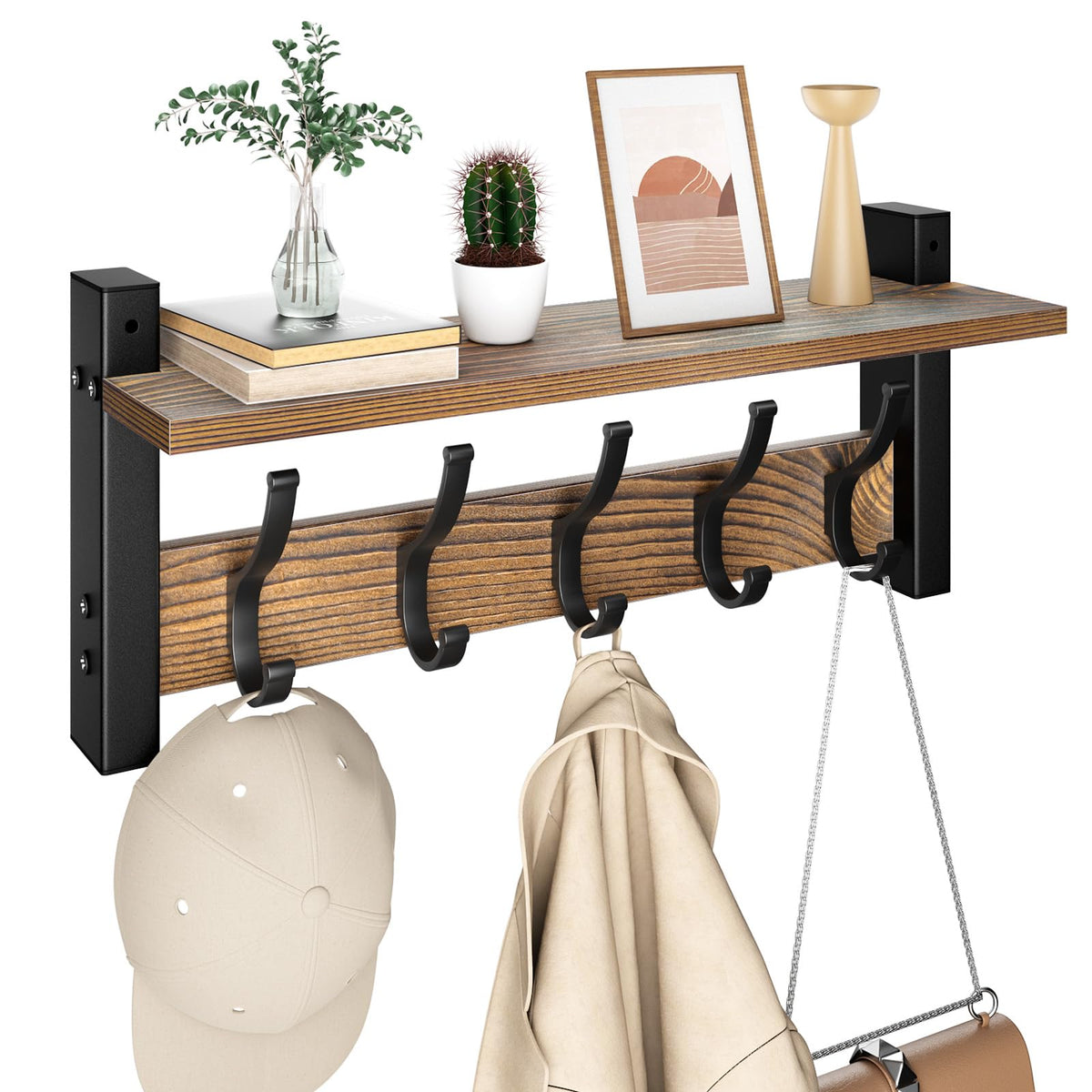 Wall Coat Rack with Shelf, 17.1 Inch, 5 Metal Hooks, Brown Wood