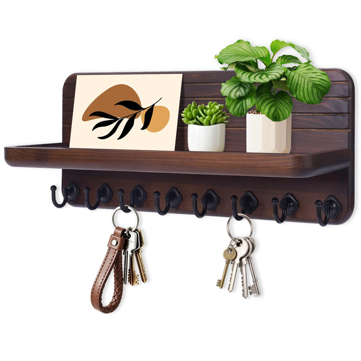 Pine Wood Key Holder with Curved Shelf and 8 Hooks, Brown