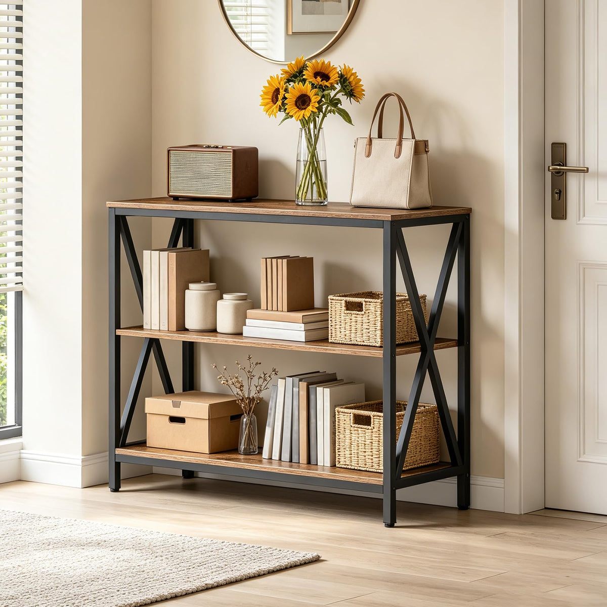 3 Tier Narrow Entryway Table, 31.5 Inch, Rustic Brown and Black Metal