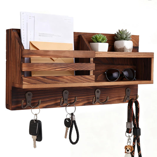 Pine Wood Key and Mail Holder, 15 Inch Wall Organizer, Brown