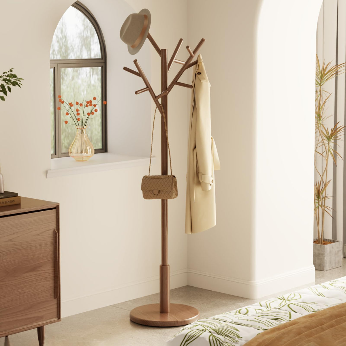 Solid Wood Tree Coat Rack, 12 Hooks, 3 Heights, Walnut