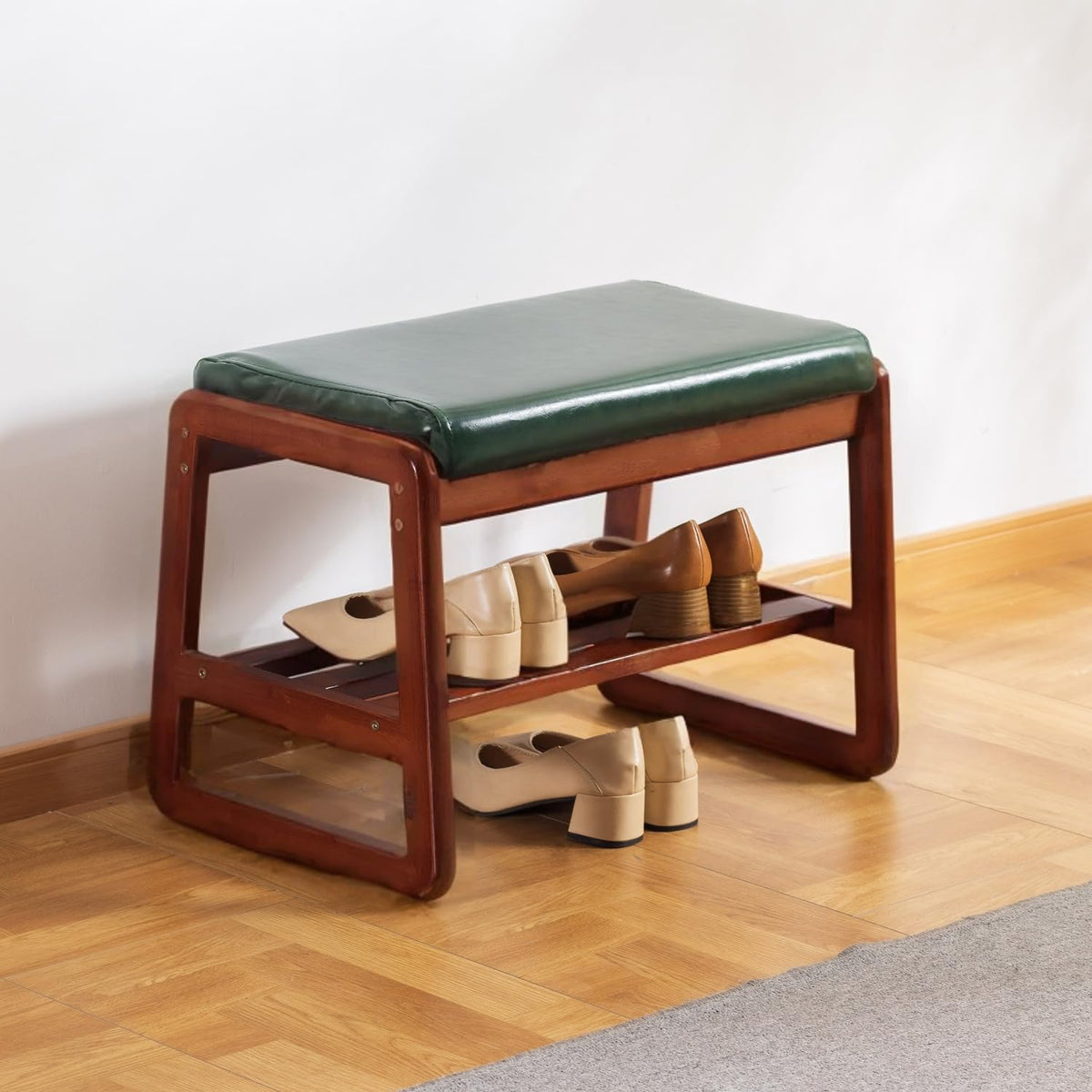 Green Cushioned Shoe Bench, 2 Tier, 21.65 Inch, Solid Wood