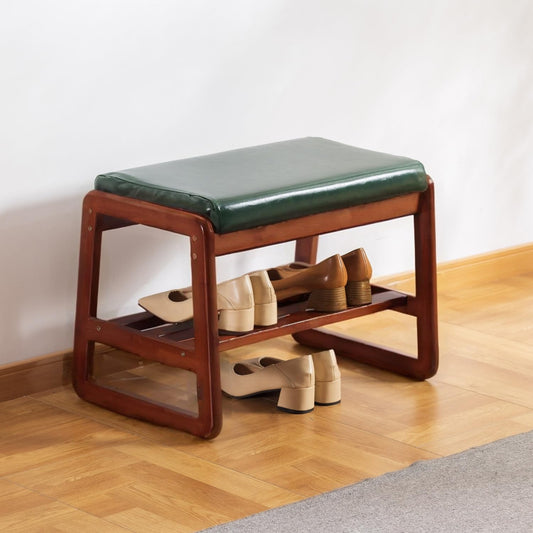 Green Cushioned Shoe Bench, 2 Tier, 21.65 Inch, Solid Wood