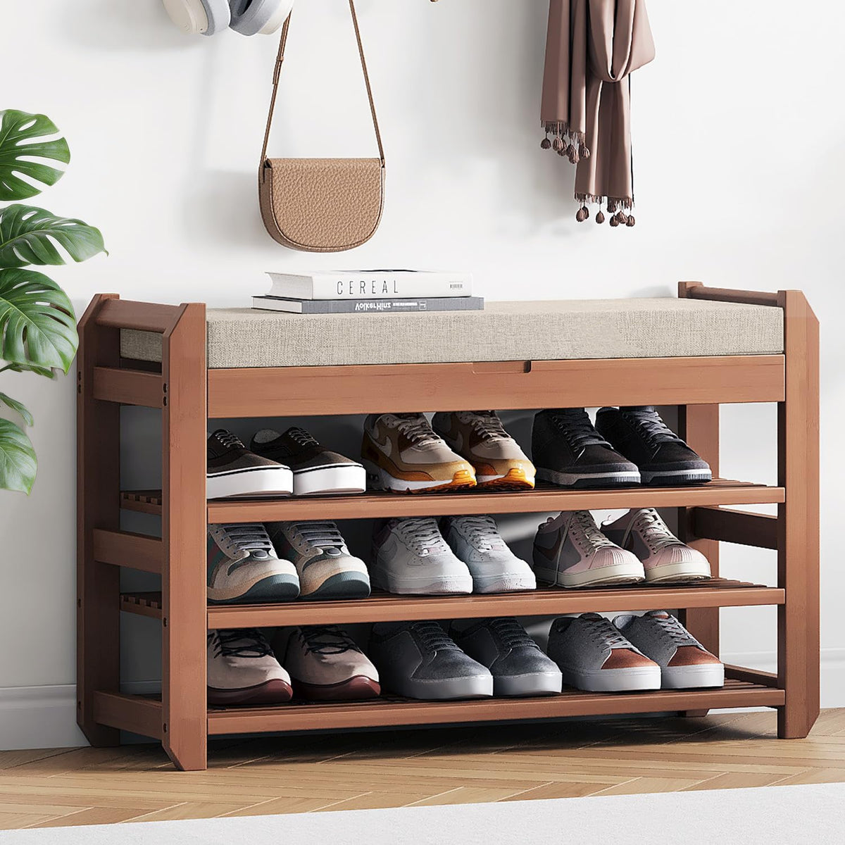 Small Bamboo Shoe Bench, 27.6 Inch, 3 Tier, Padded Seat