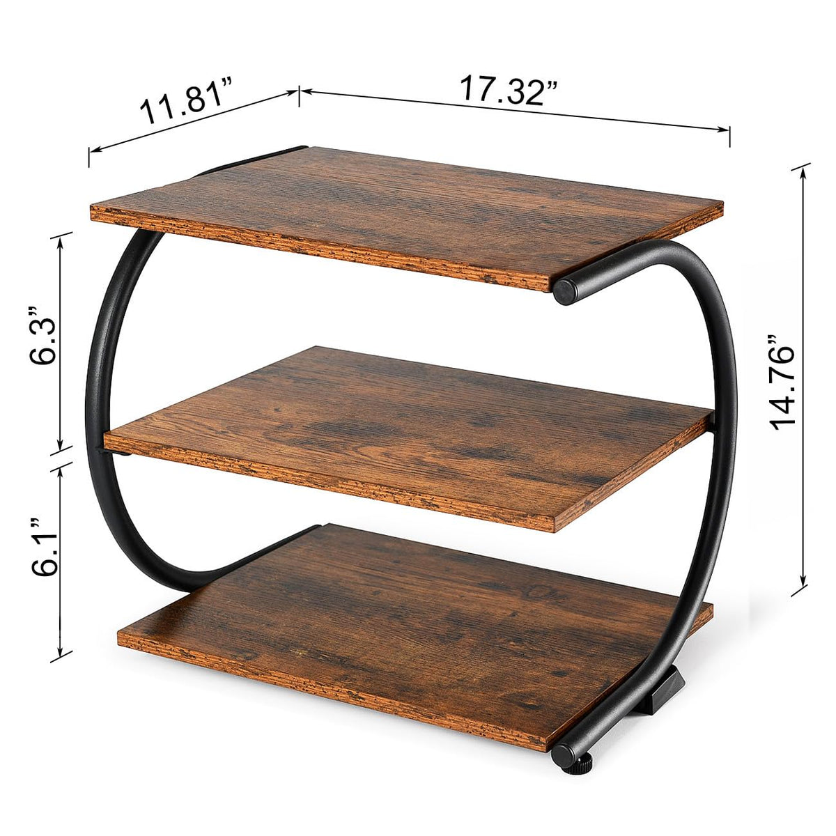 Small C-Shaped Shoe Rack, 3 Tier, 17 Inch Wide, Rustic Brown and Metal