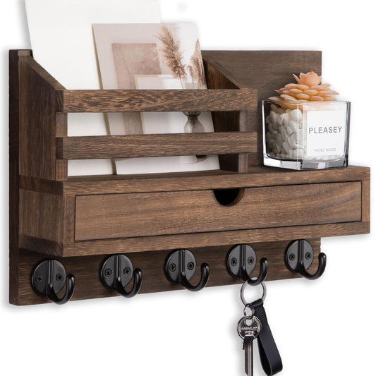 Wood Key and Mail Holder with Drawer, 5 Hooks, 11.8 Inch, Brown