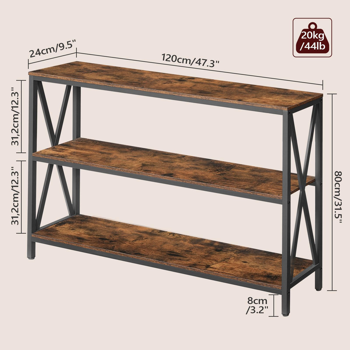 Industrial Sofa Table, 47.2 Inch, 3 Tiers, Rustic Brown and Black