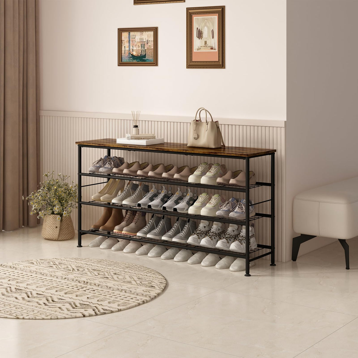 Long Low Shoe Rack, 4 Tiers, 47.2 Inch, Black and Rustic Brown