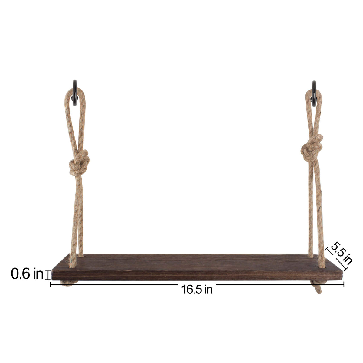 Rope Hanging Wood Shelves, 2 Pack, 16.5 Inch, Dark Brown with Hooks