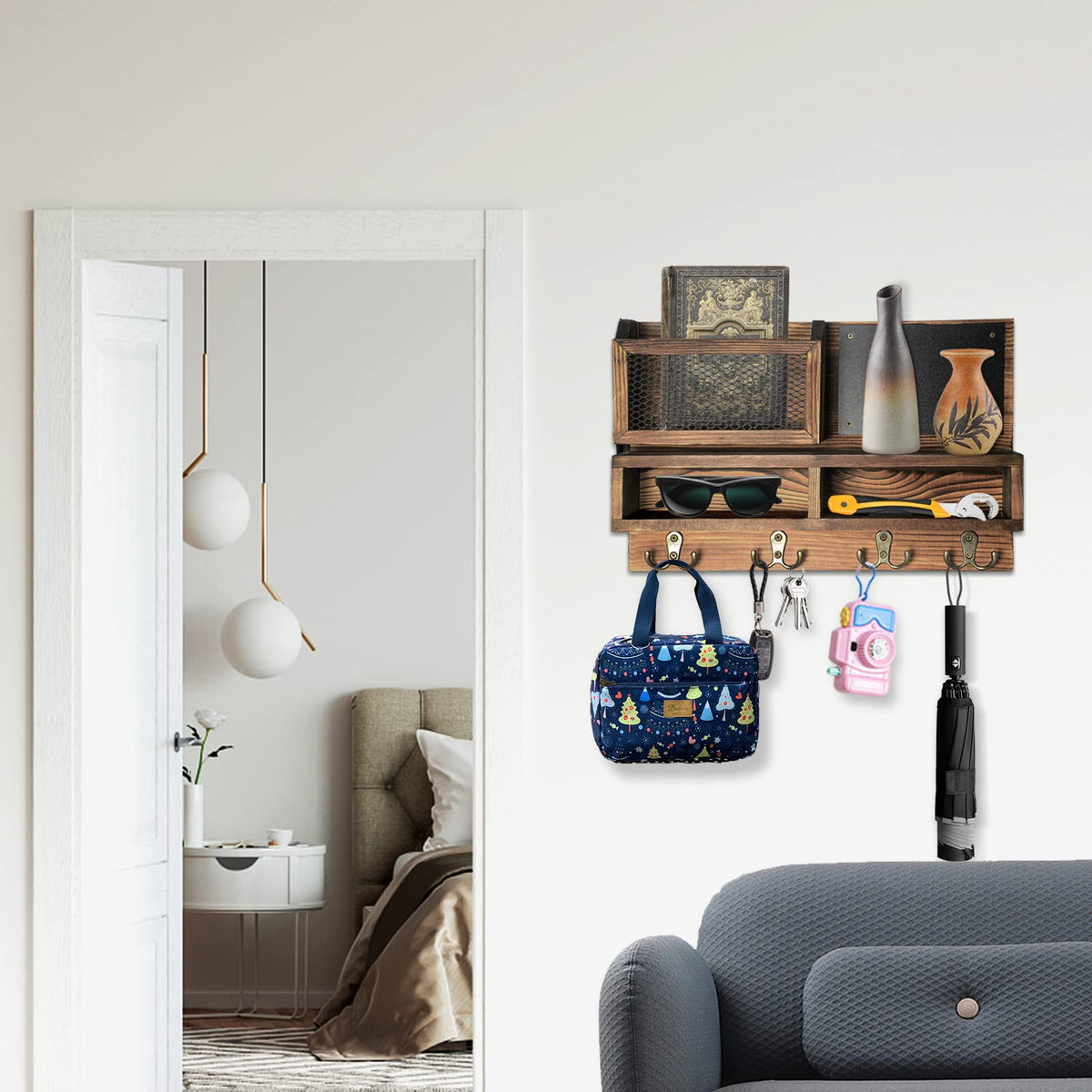 Pine Wall Key and Mail Organizer with Chalkboard and 4 Double Hooks