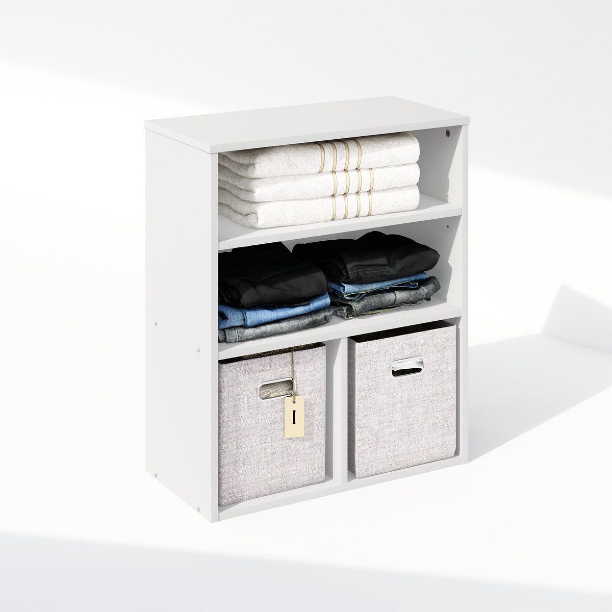 3 Tier Closet Organizer with Adjustable Shelf and 2 Cubes, White