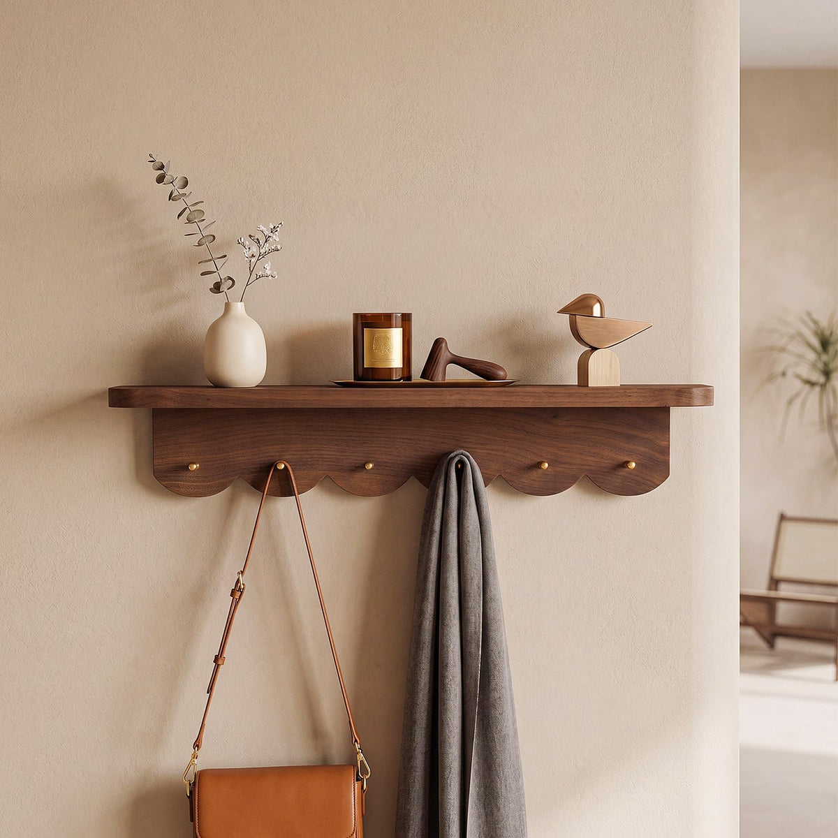 Scalloped Walnut Wall Shelf with 6 Brass Hooks, 24.5 Inch