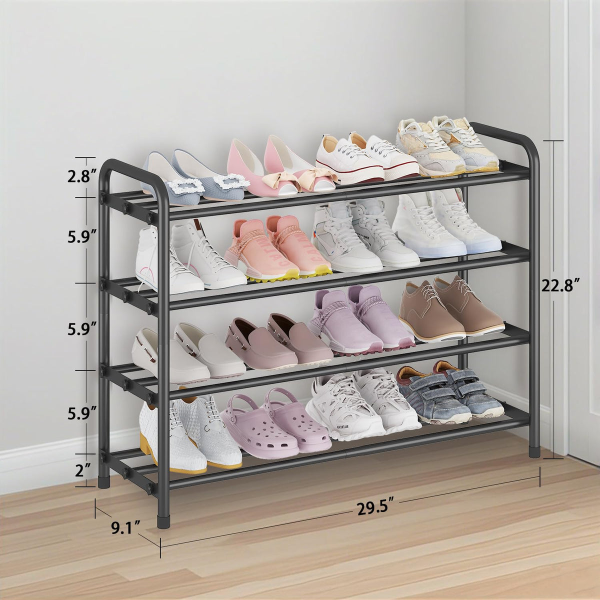 Adjustable Width Shoe Rack, 4 Tier Black Stainless Steel Organizer