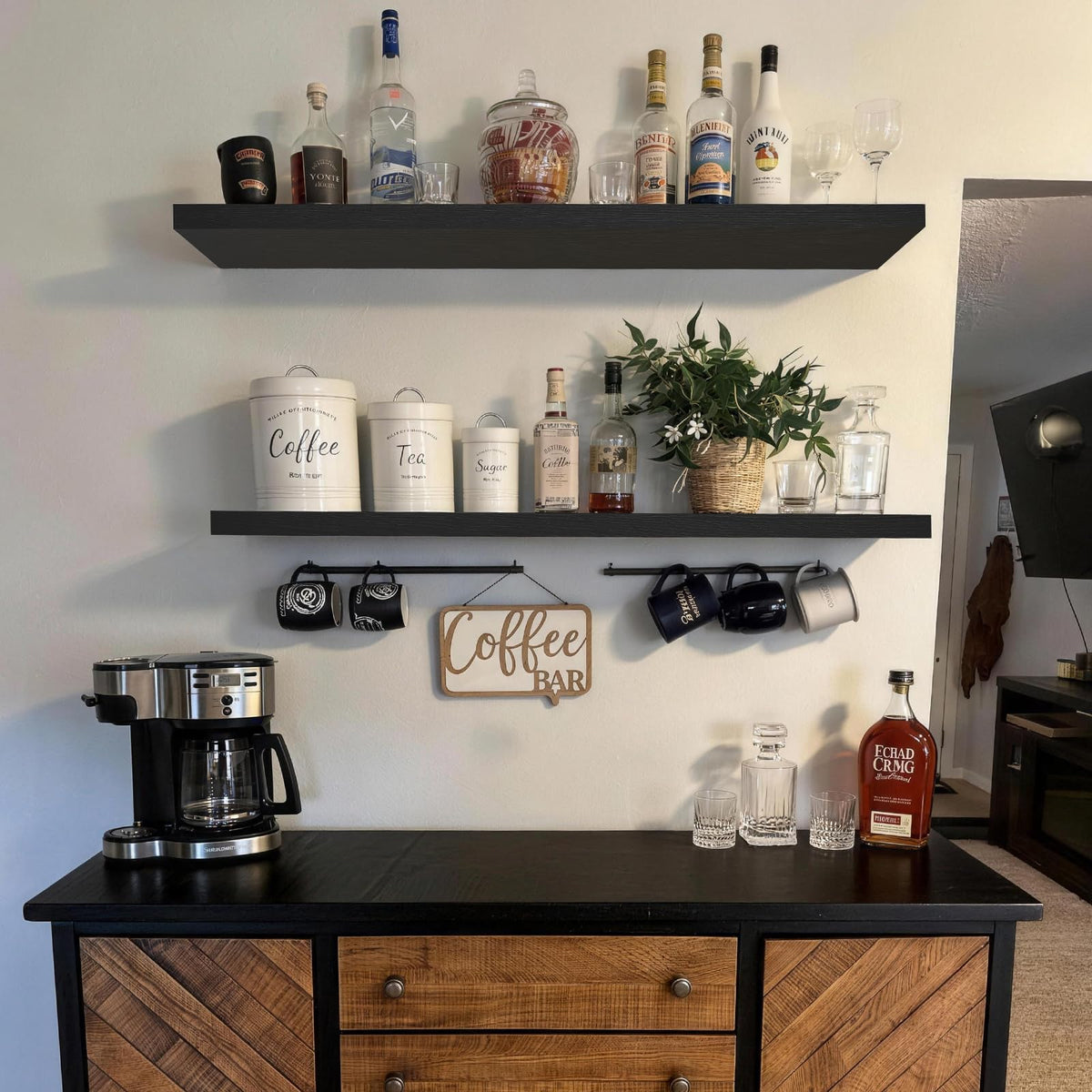 Black Floating Shelves, 47.2 Inch, Set of 2 Extra Long Wall Shelves