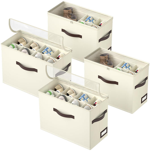 Foldable Shoe Storage Bins, 4 Pack with Adjustable Dividers, Beige