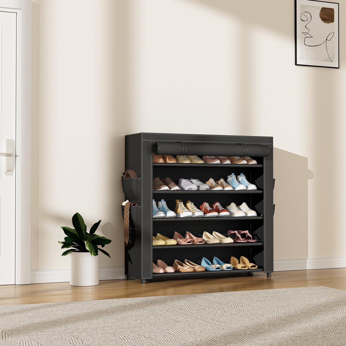 Covered Shoe Rack, 20 to 24 Pairs, 33.8 Inch Wide, Black Metal Frame