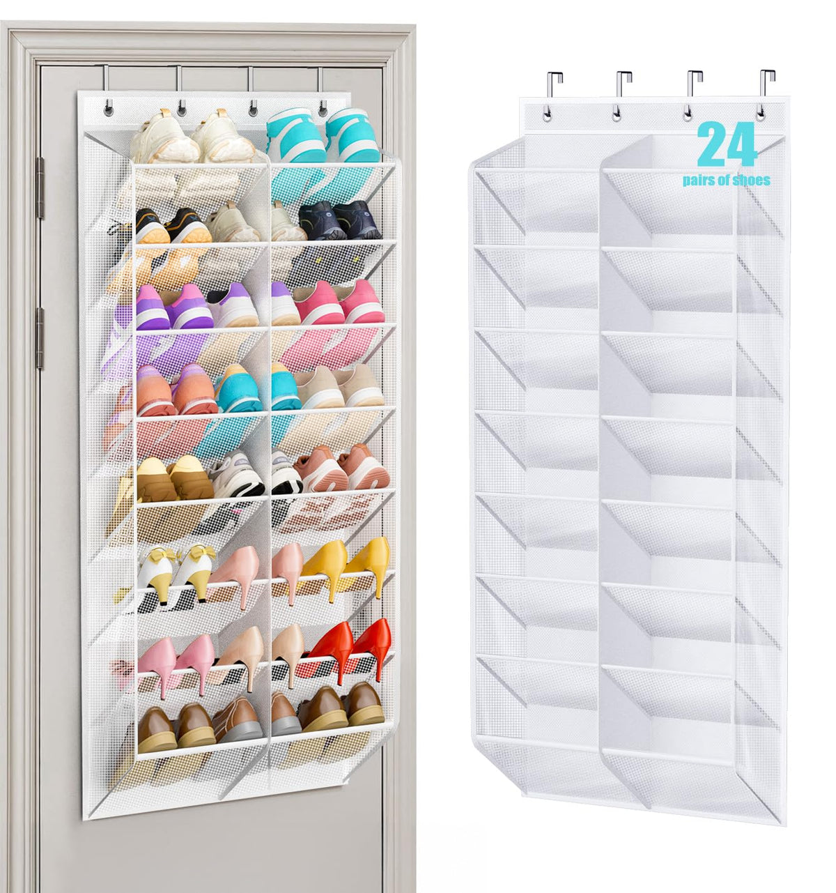 Over the Door Shoe Organizer, 8 Tiers, 24 Pairs, White Mesh, 57.5 Inch