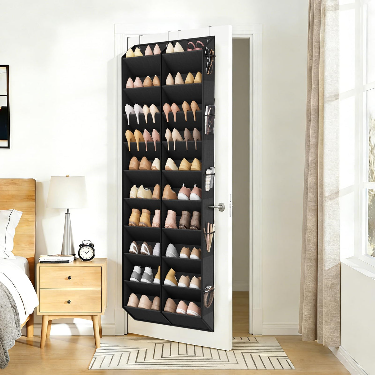 Over the Door Shoe Organizer for 30 Pairs with 10 Side Pockets, Black
