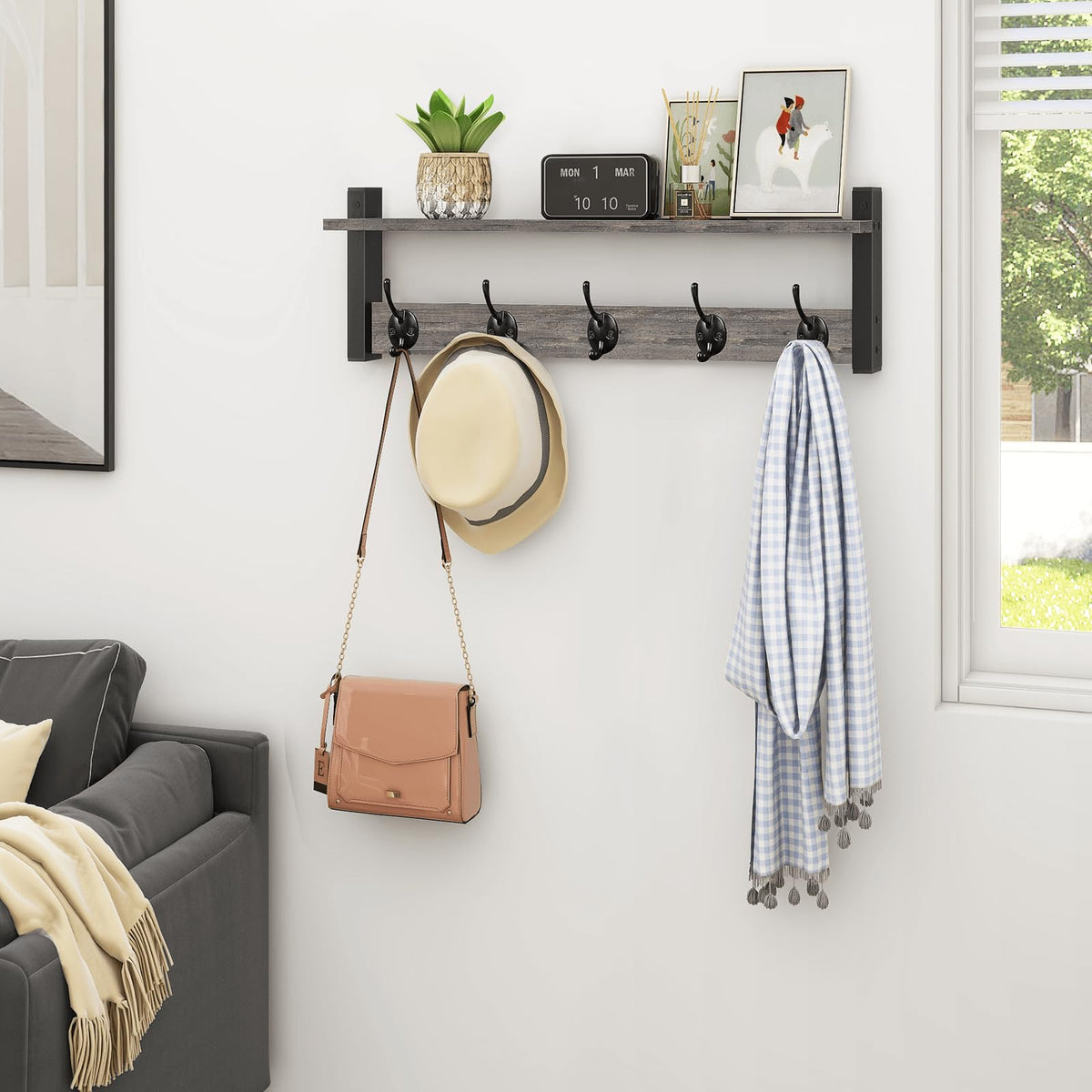 Coat Rack Shelf with 5 Dual Hooks, 24 Inch, Rustic Grey Wood