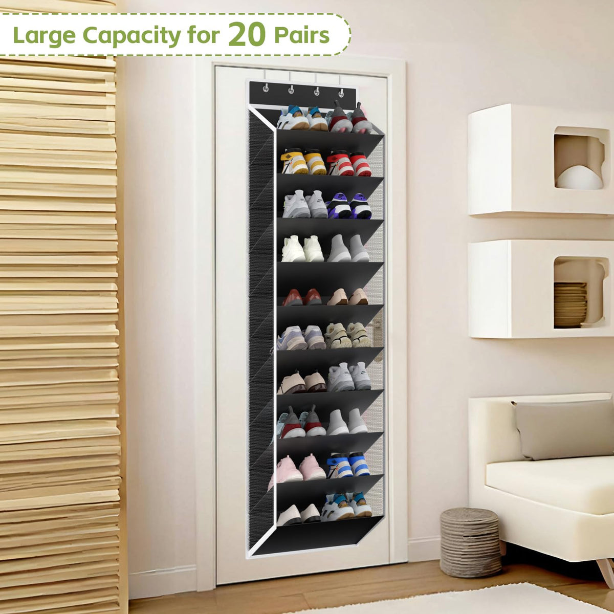 Black Hanging Door Shoe Rack, 10 Tier Mesh Pockets, Up to 30 Pairs