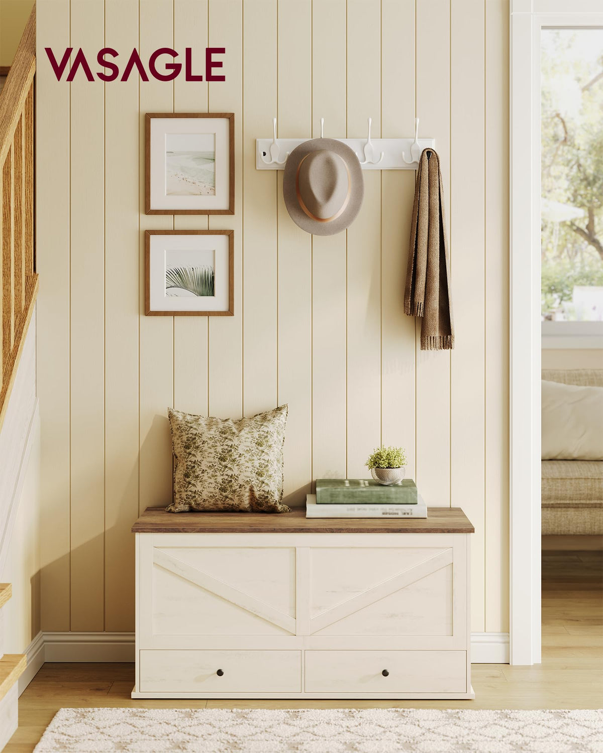 Storage Chest Bench with 2 Fabric Drawers, Rustic White and Honey Brown