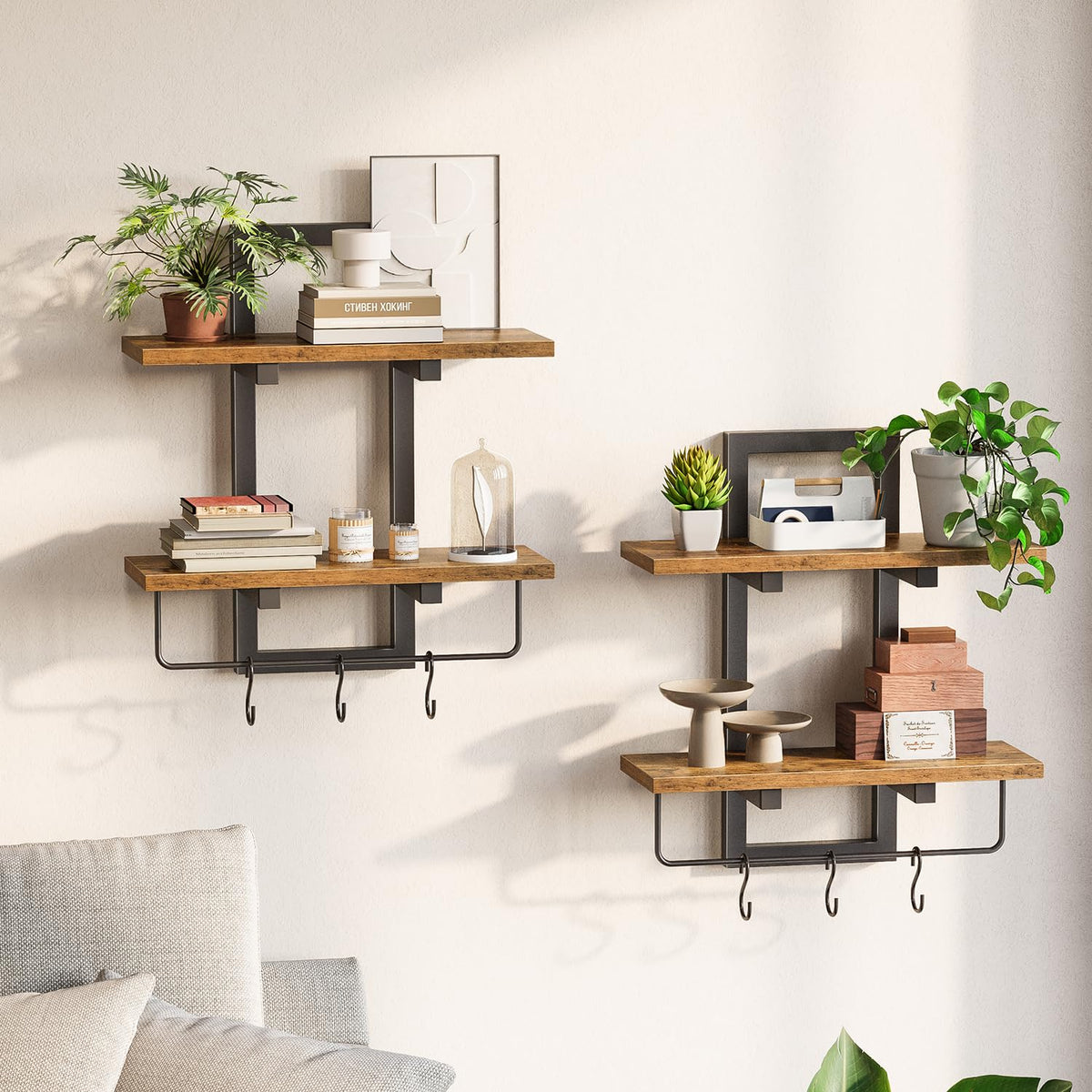 2 Tier Hanging Wall Shelves with 6 Hooks, Set of 2, Rustic Brown