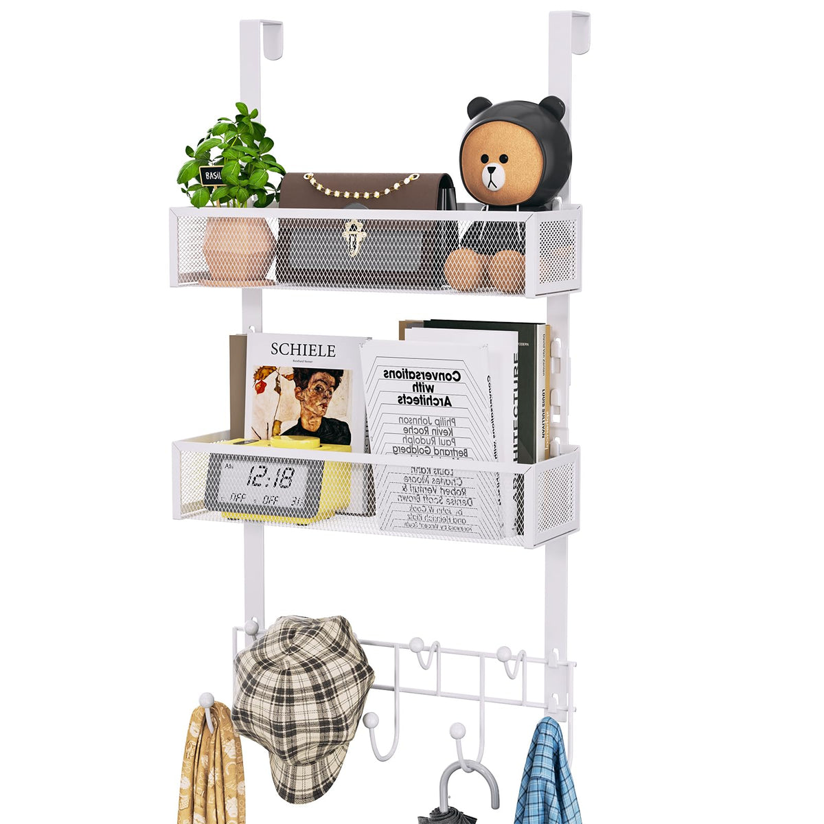 White Over Door Coat Hook Organizer with 2 Baskets and 9 Hooks