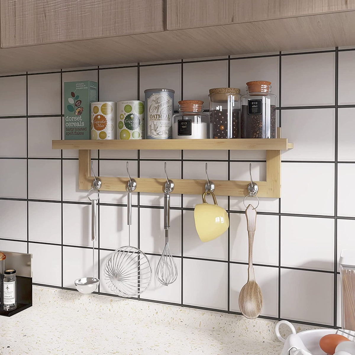 Natural Bamboo Coat Shelf with 5 Double Hooks, 29.2 Inch
