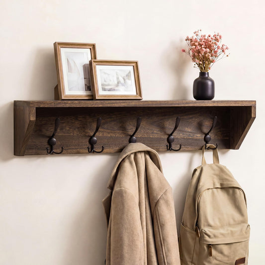 Wall Coat Rack with Shelf, 35 Inch, Wood and Metal Hook Rail
