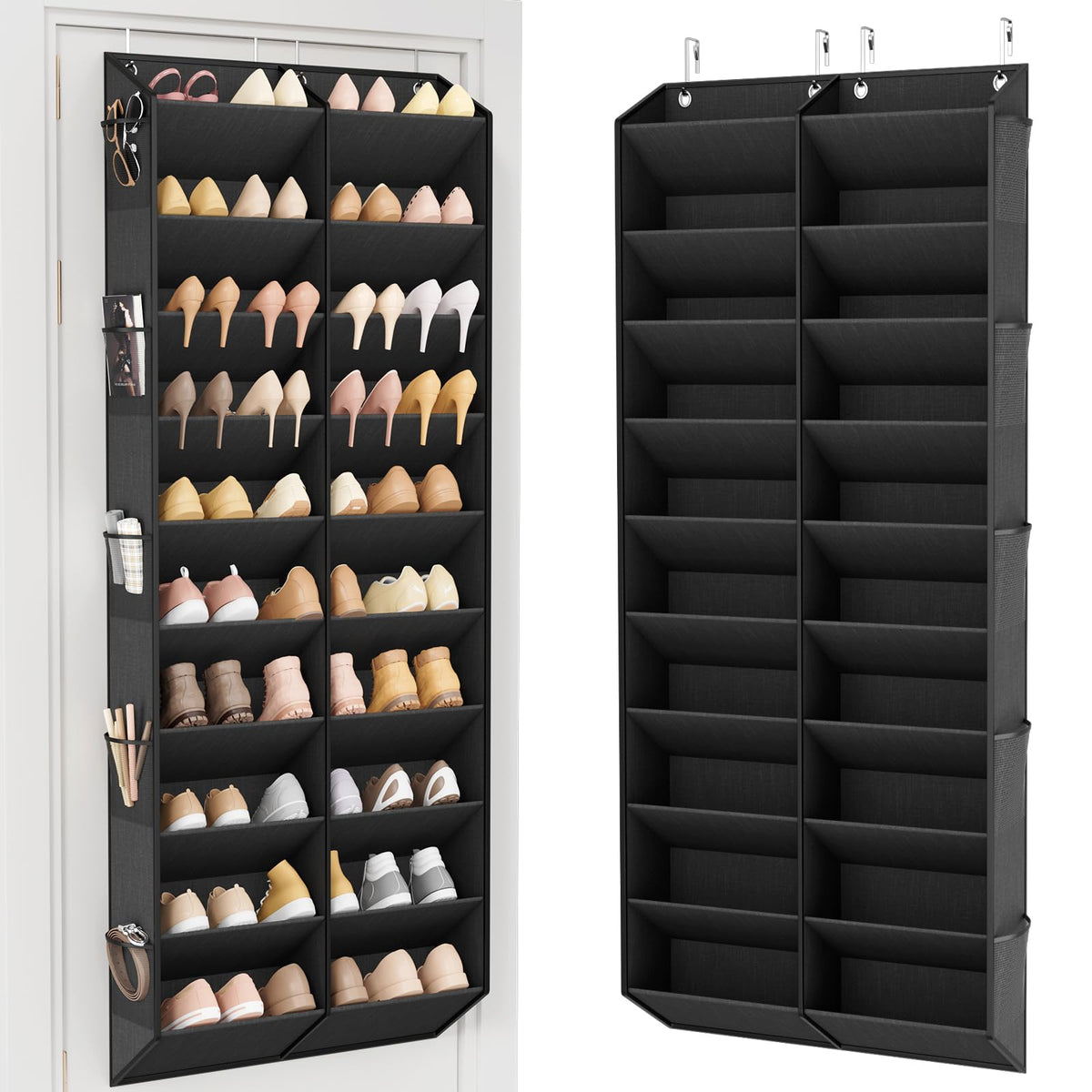 Over the Door Shoe Organizer for 30 Pairs with 10 Side Pockets, Black