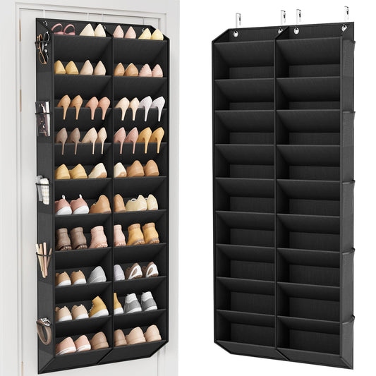 Over the Door Shoe Organizer for 30 Pairs with 10 Side Pockets, Black