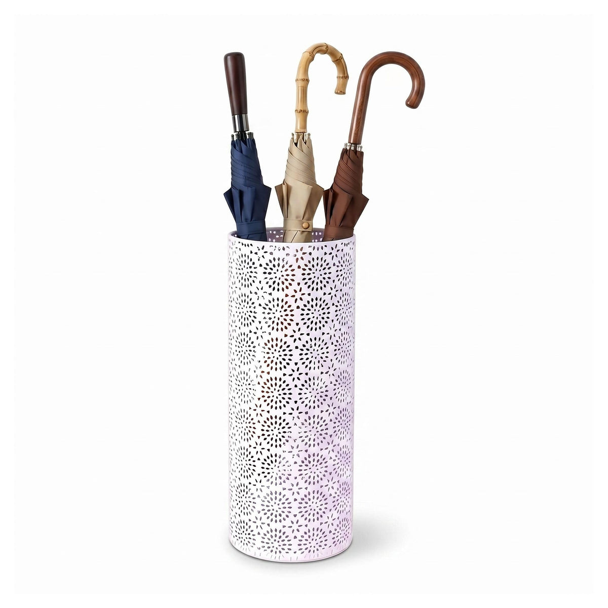 Round White Metal Umbrella Holder with 3 Inner Hooks, 17 x 7 Inch