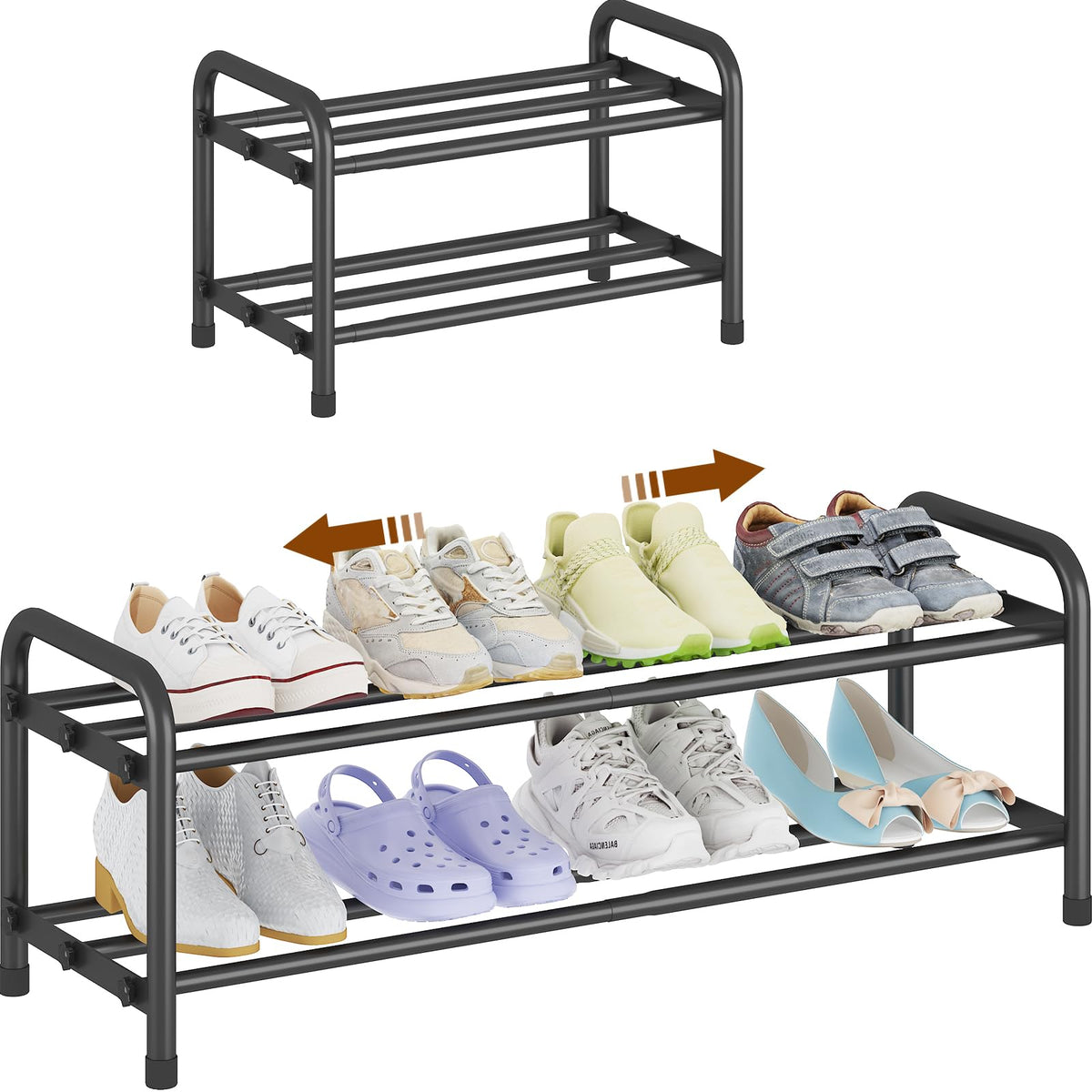 Small Expandable Shoe Rack, 2 Tier Black Stainless Steel, No Tools