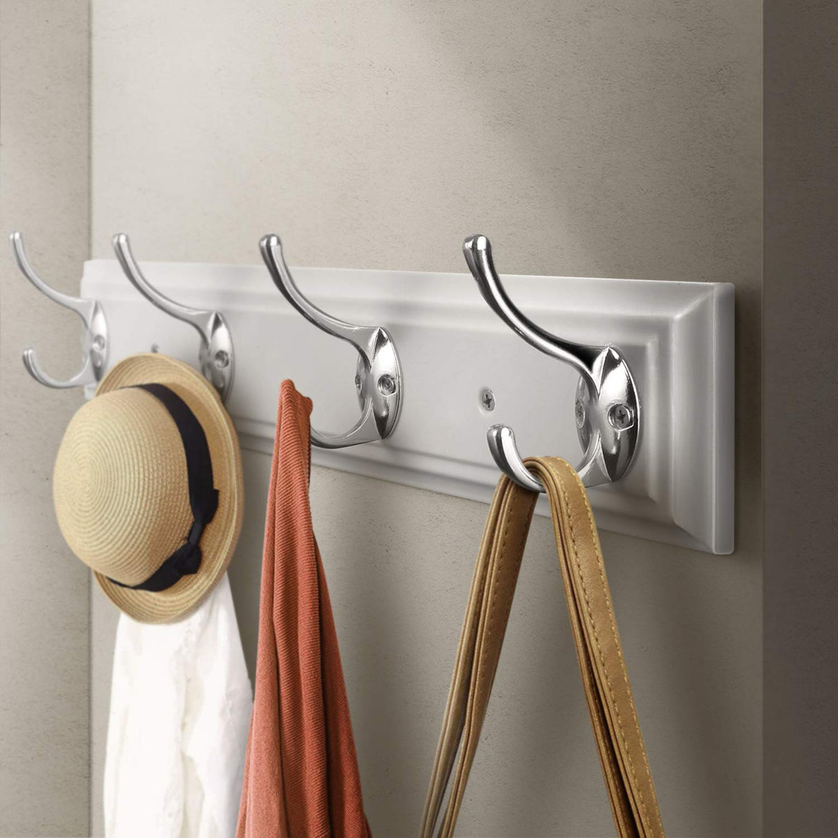 White Wood Wall Coat Rack, 17 Inch, 4 Metal Hooks
