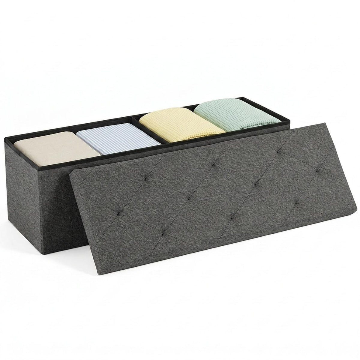 Foldable Storage Ottoman Bench, 43 Inch, 35 Gallon, Charcoal Gray Linen