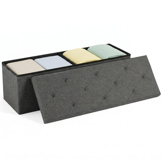 Foldable Storage Ottoman Bench, 43 Inch, 35 Gallon, Charcoal Gray Linen