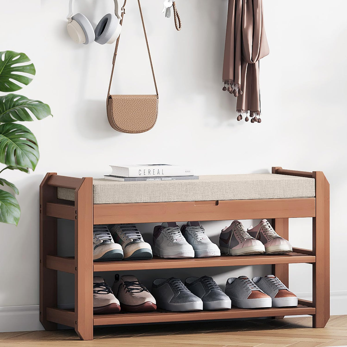 Bamboo Shoe Bench with Removable Cushion, 2 Tier, 27.6 Inch