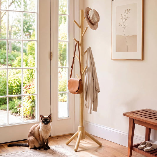 Natural Solid Wood Coat Stand with 8 Hooks, 3 Height Settings