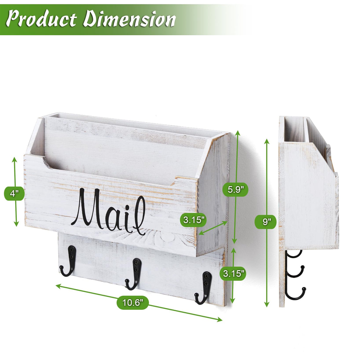 Wall Mail and Key Holder, 3 Hooks, 2 Slots, Retro White Wood