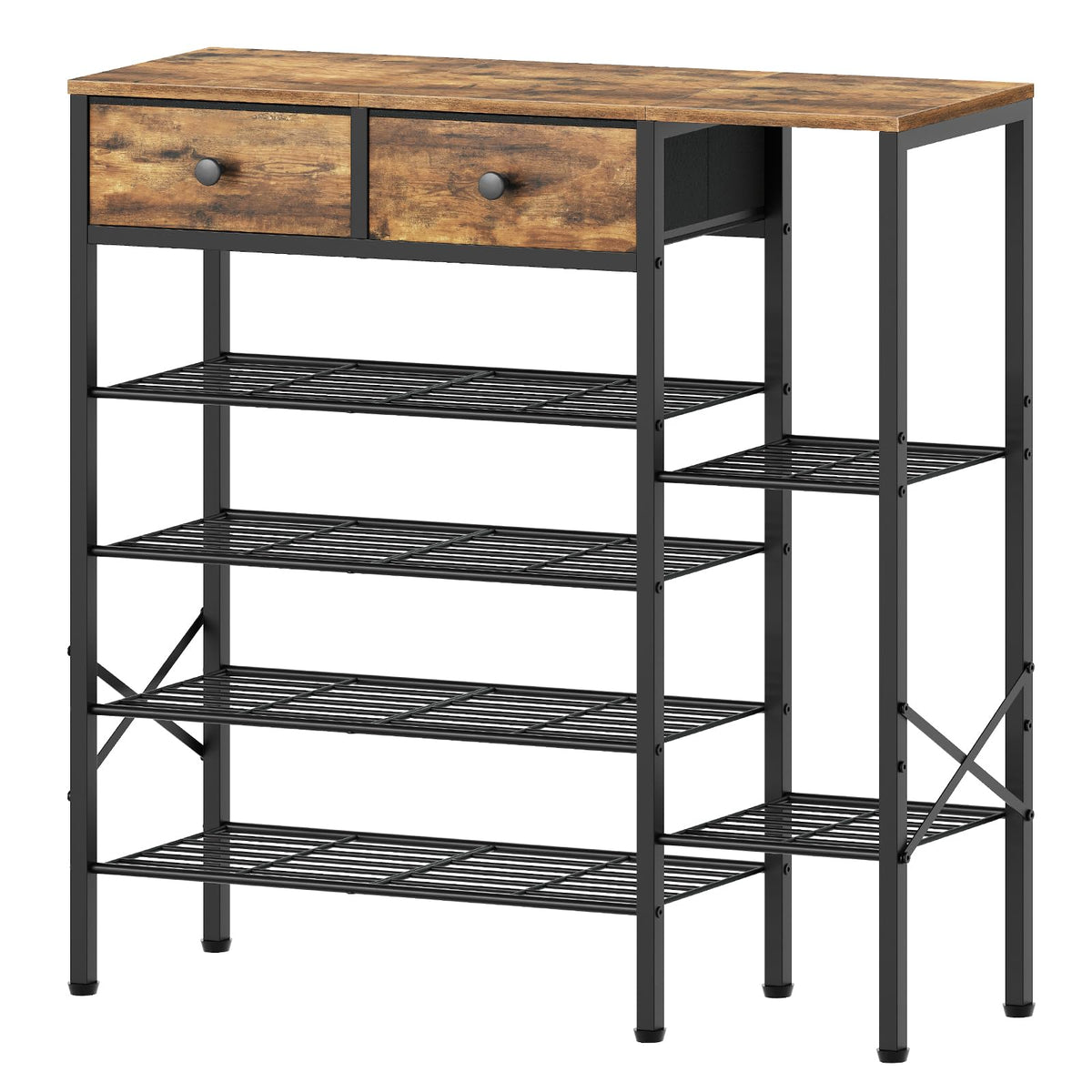 6 Tier Shoe Rack with 2 Fabric Drawers and Tabletop, Holds 26 Pairs, Brown