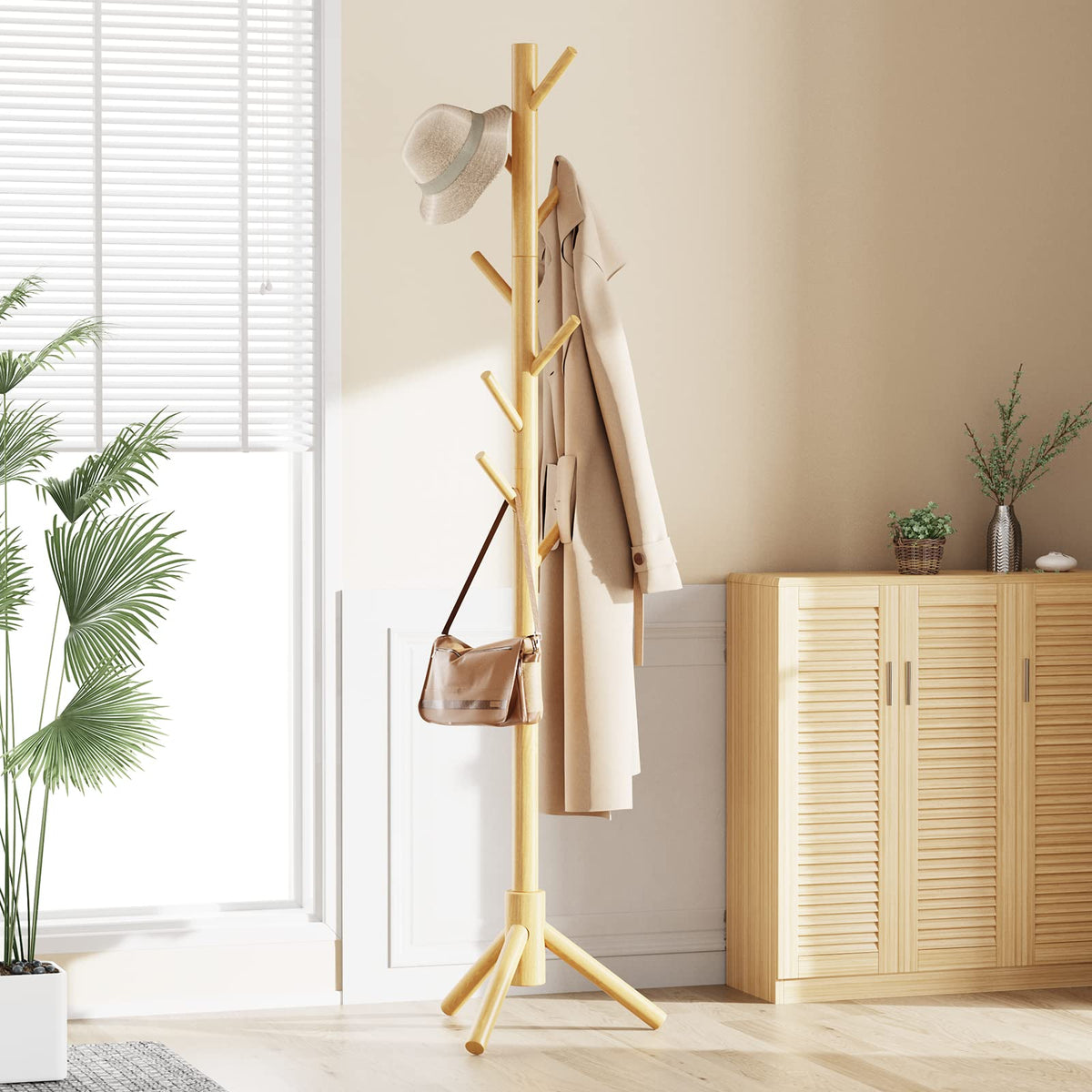 Solid Wood Standing Coat Rack with 8 Hooks, Height Adjustable, Natural